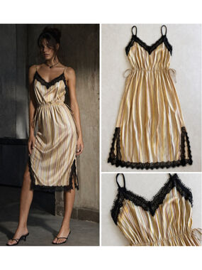 Y2K Satin Stripe Lace Slip Dress Drawstring Waist Side Slit Basil Lola S